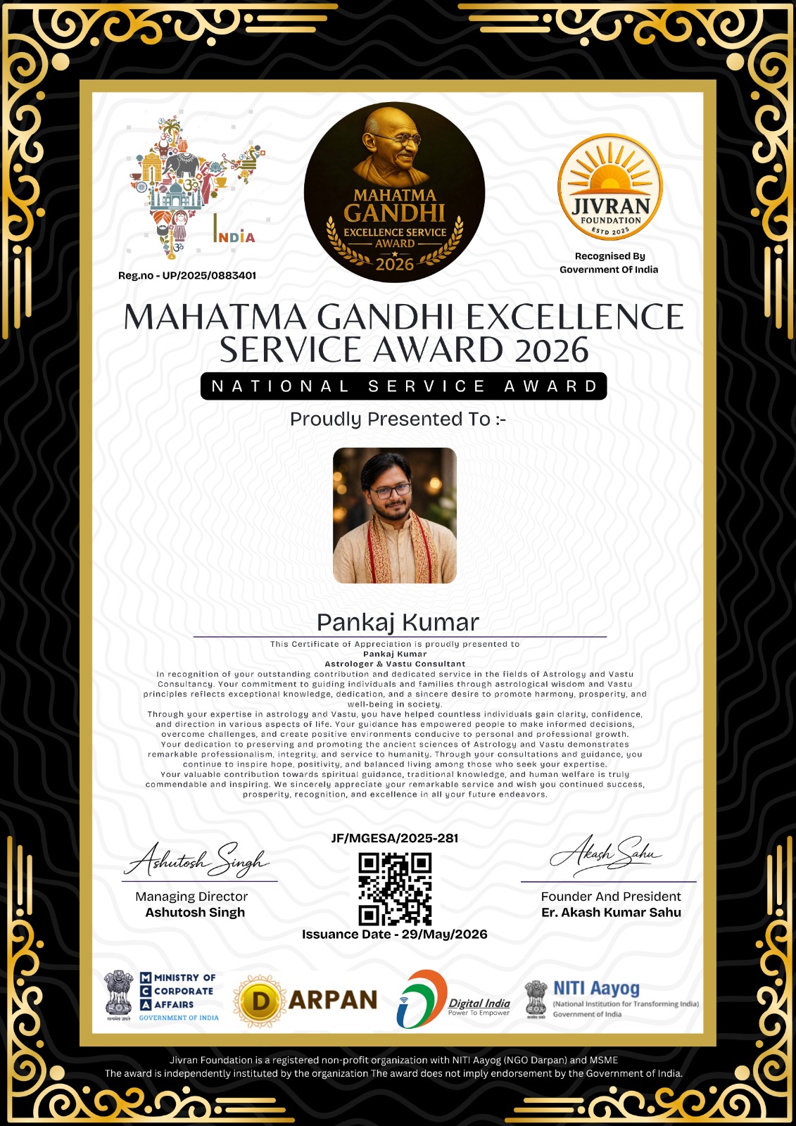 Mahatma Gandhi Excellence Service Award 2026 certificate